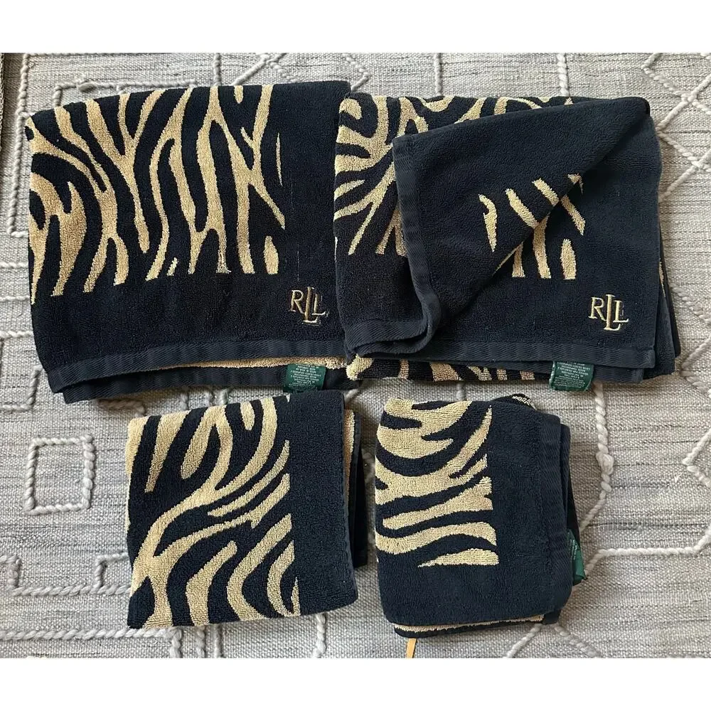 Vintage Lauren Ralph Lauren Zebra Towels bath and hand set 1990 black beige